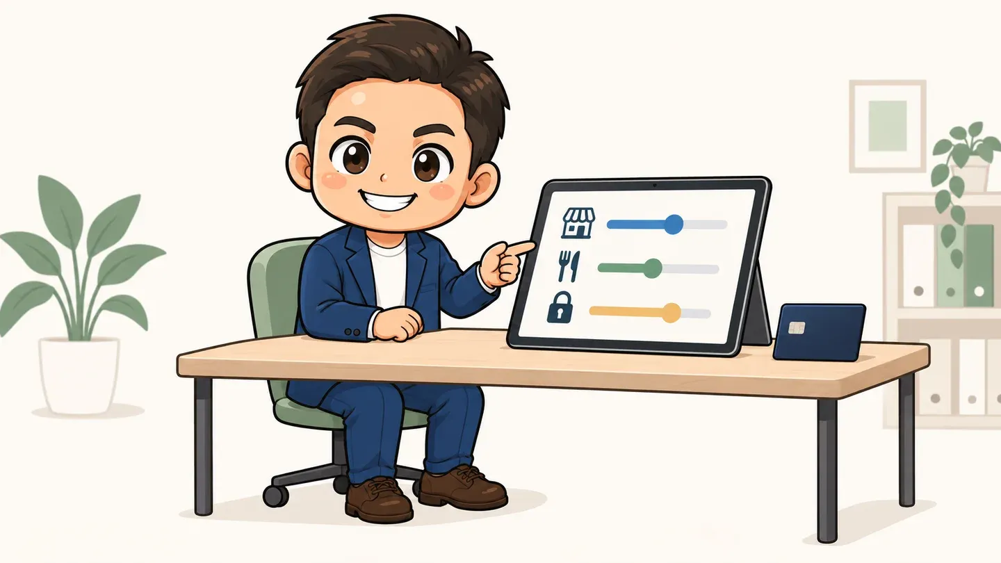 玉城祐輔がカードの利用上限と利用先の設定を説明するイメージ