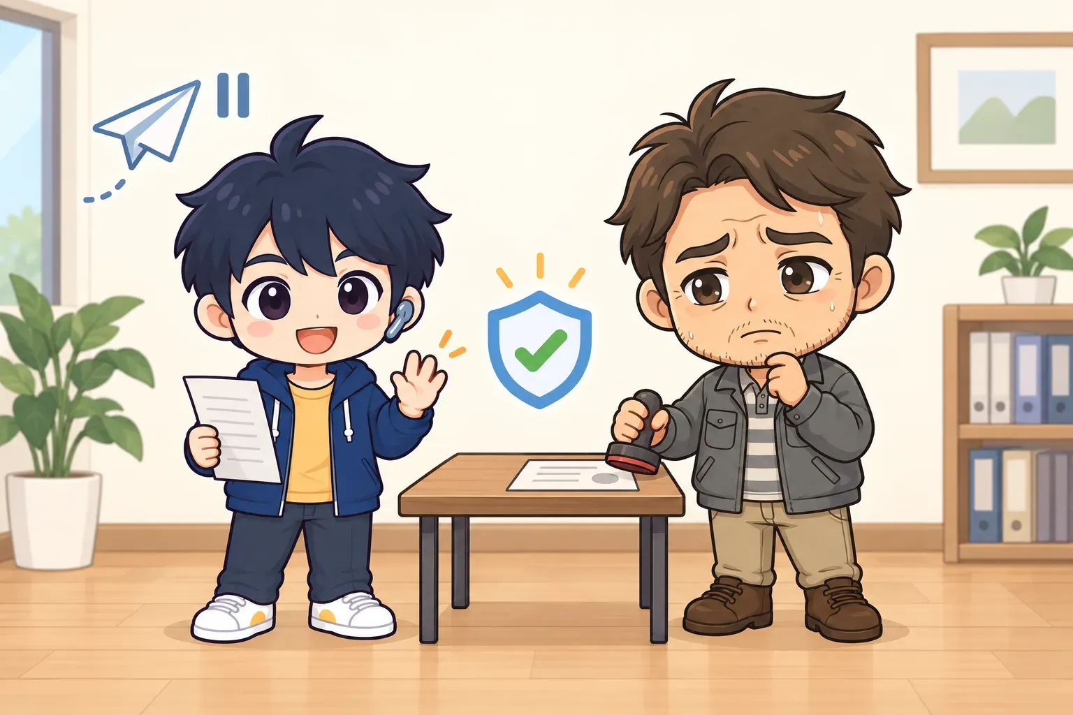 現場実行役のRikuが書類を手に持ったまま片手を上げて立ち止まり、悩める社長が承認のはんこを持って内容を考えているイラスト