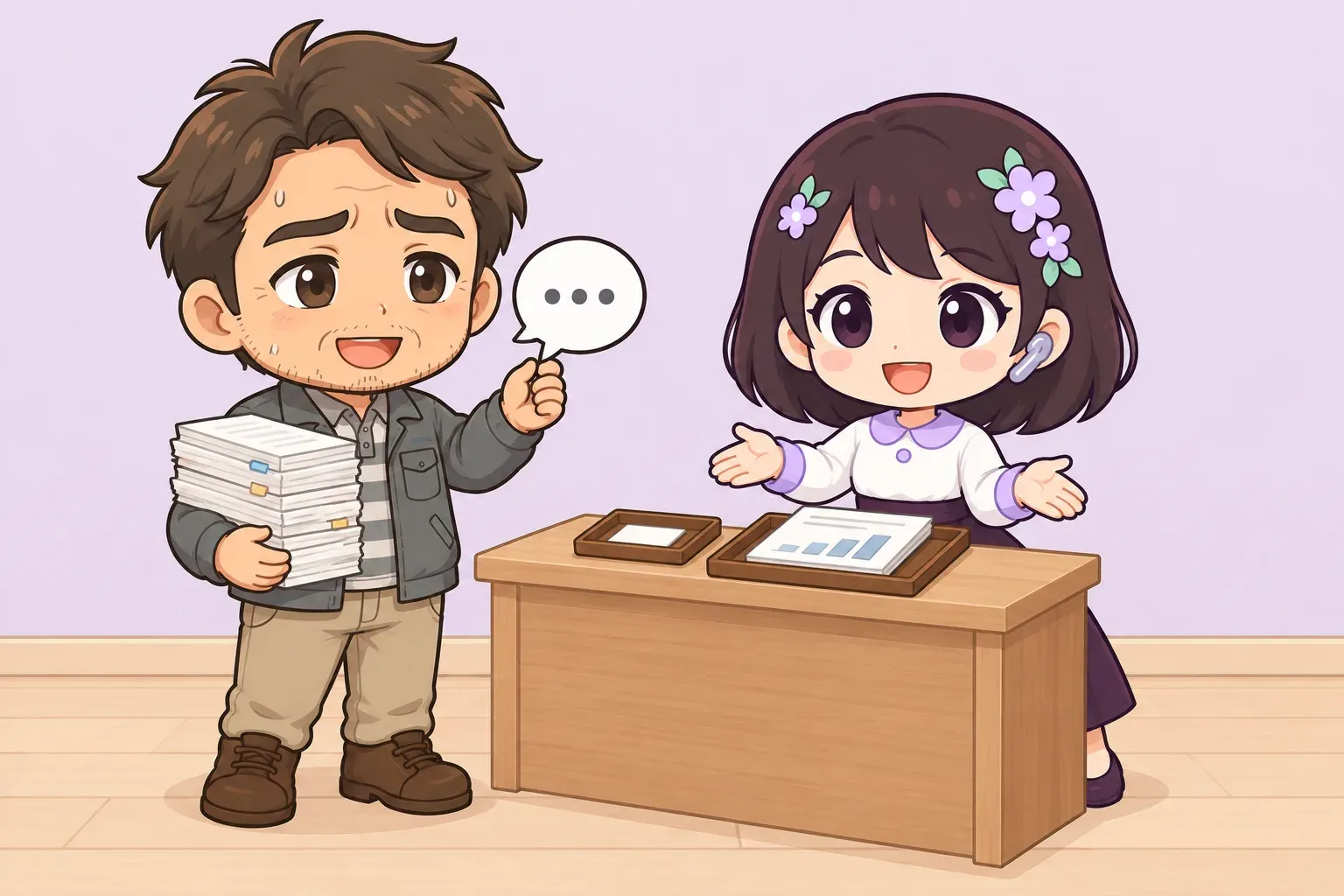 AI秘書のRiraが1つの受付カウンターで、悩める社長が持ってきた短い質問と書類の束の両方を受け取り、カウンターの上に小さなメモと仕上がった報告書が並んでいるイラスト