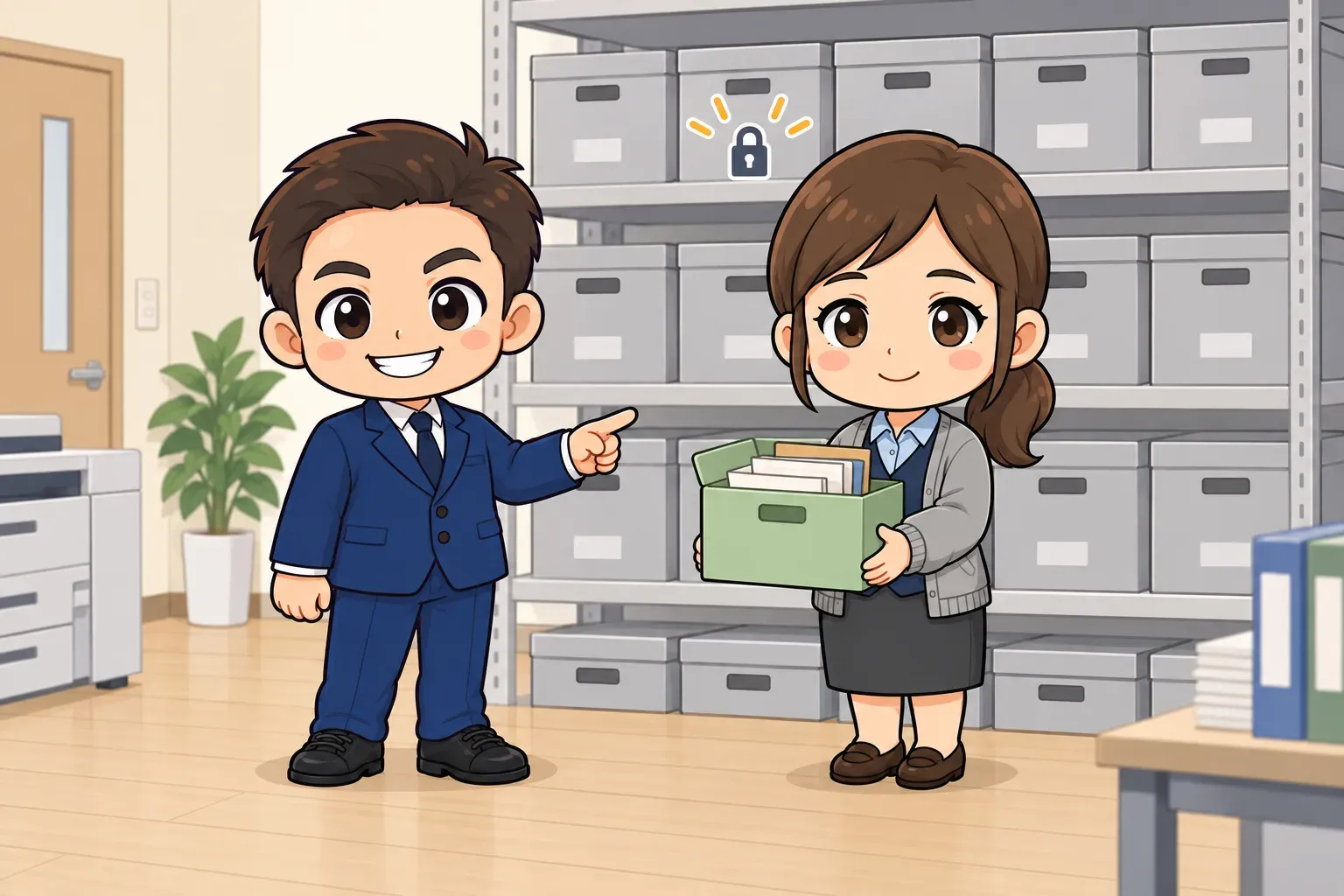 総務・経理担当者が、たくさんの閉じた書類箱が並ぶ棚の前で、ふたの開いた箱を1つだけ持ち、玉城祐輔がその箱を指さしているイラスト
