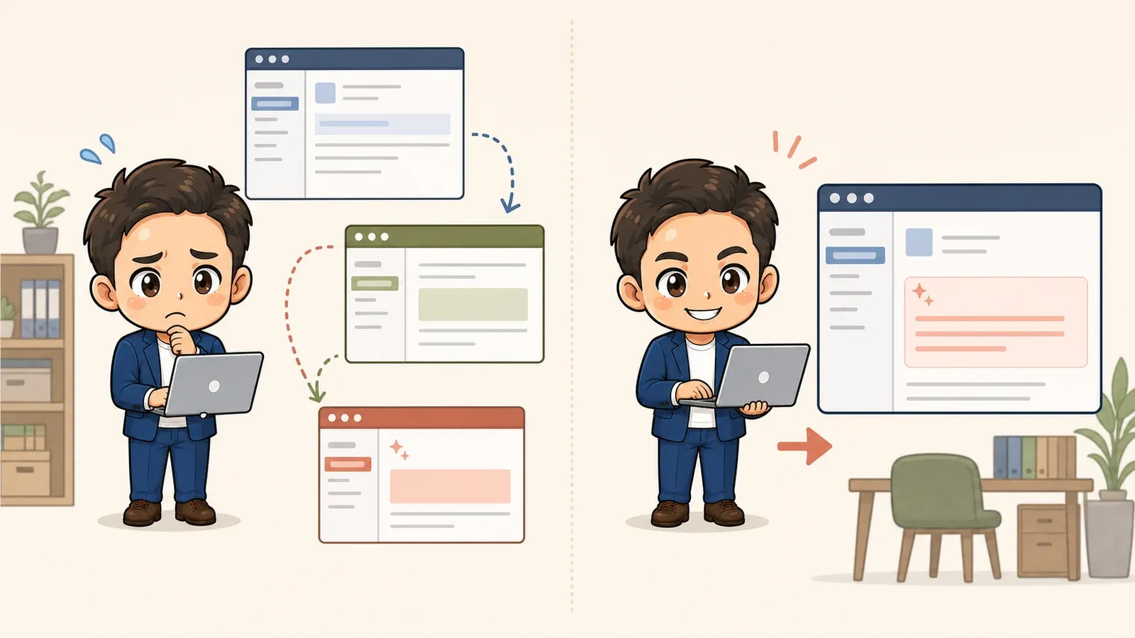 玉城祐輔が、複数画面を行き来する以前のメール作成と、Gmail内で下書きを作る流れを比較しているイラスト