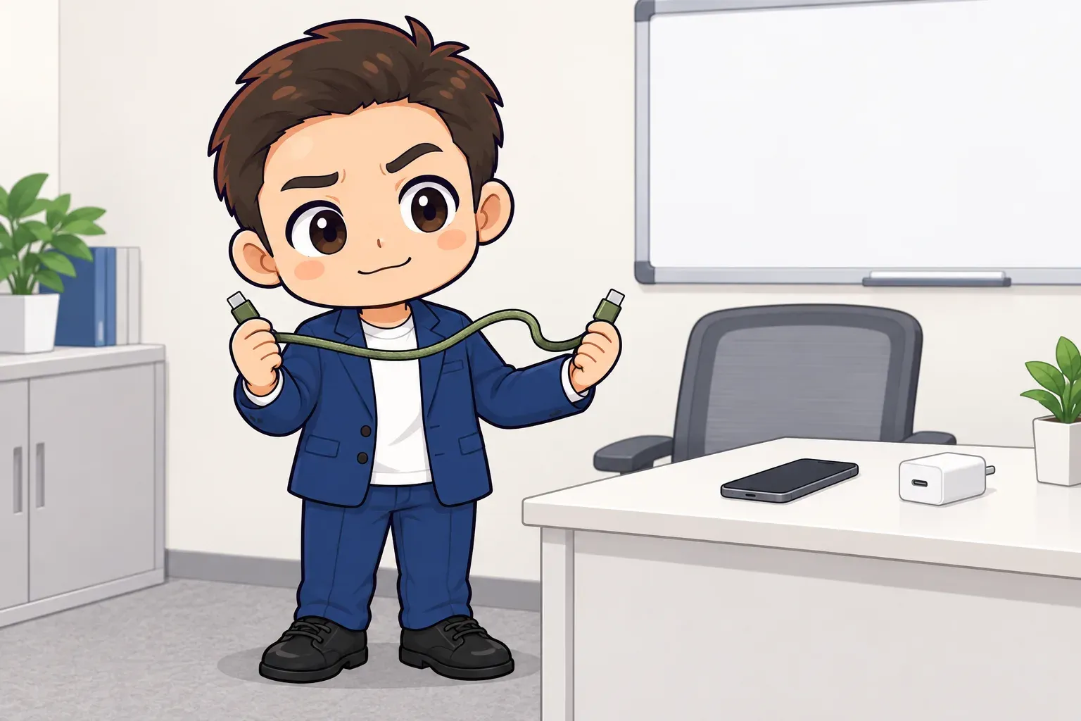 玉城祐輔が小さな事務所の机の前で、平たいケーブルの両端を両手で持って左右に引き伸ばし、真ん中が戻ろうと曲がっている様子を見て考えているイメージイラスト