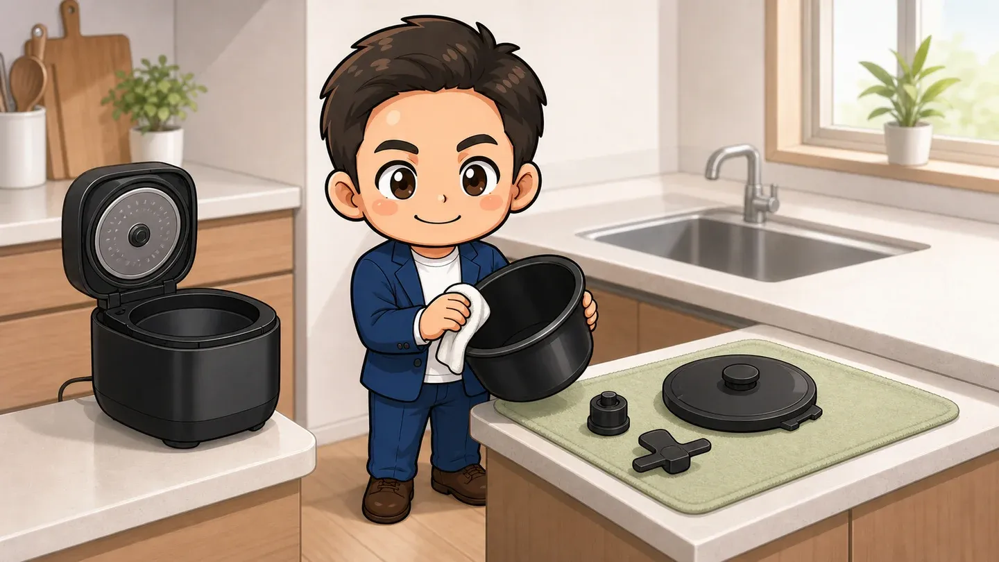 玉城祐輔のキャラクターが、ホットクックの内鍋を拭き、取り外した部品を乾かしているイメージイラスト