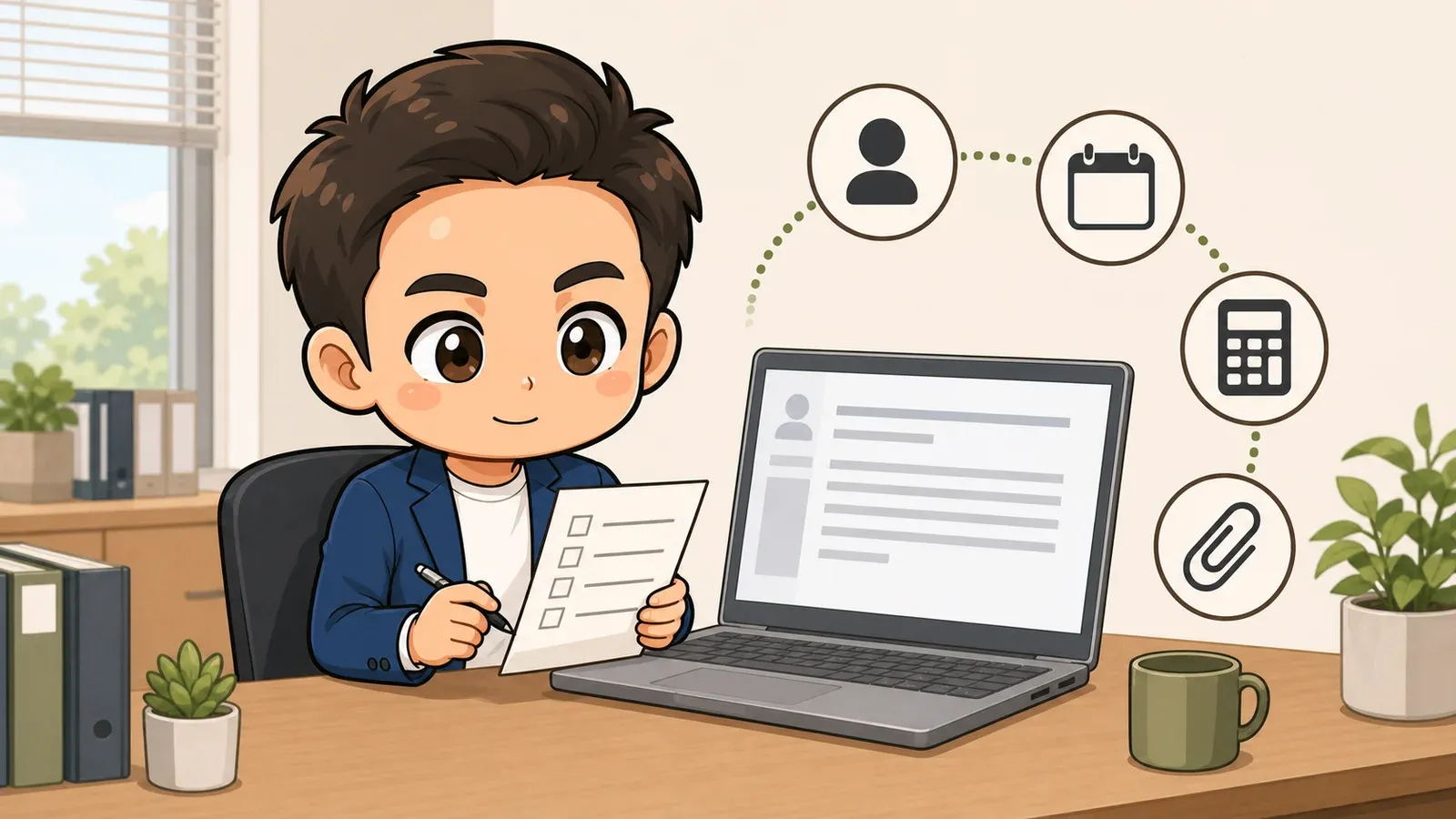 玉城祐輔が、宛先、日付、金額、添付ファイルを確認しながらAIのメール下書きを仕上げているイラスト