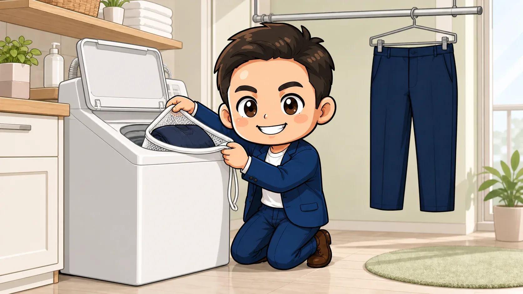 玉城祐輔が洗濯ネットに入れたパンツを洗濯機へ入れ、部屋干しの準備をしているイメージイラスト
