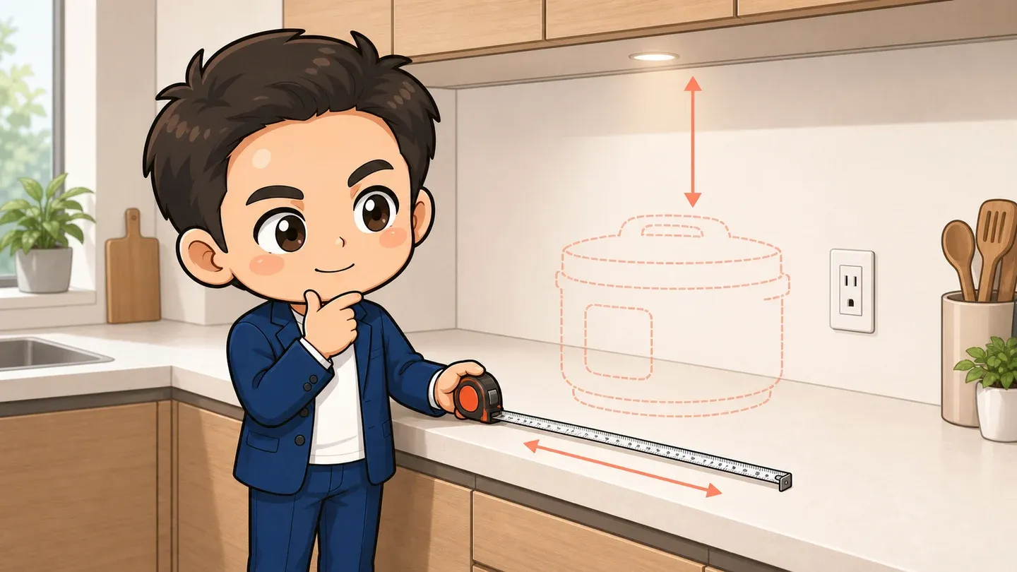 玉城祐輔のキャラクターが、キッチンで本体の幅と奥行、ふた上の空間、コンセント位置を確認しているイメージイラスト