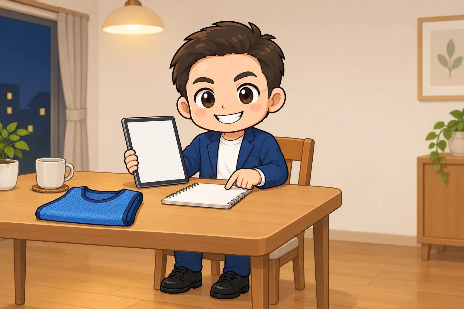 玉城祐輔が自宅の机でタブレットとメモを見比べ、ビブスの番号とサイズと色を確認しているイメージイラスト