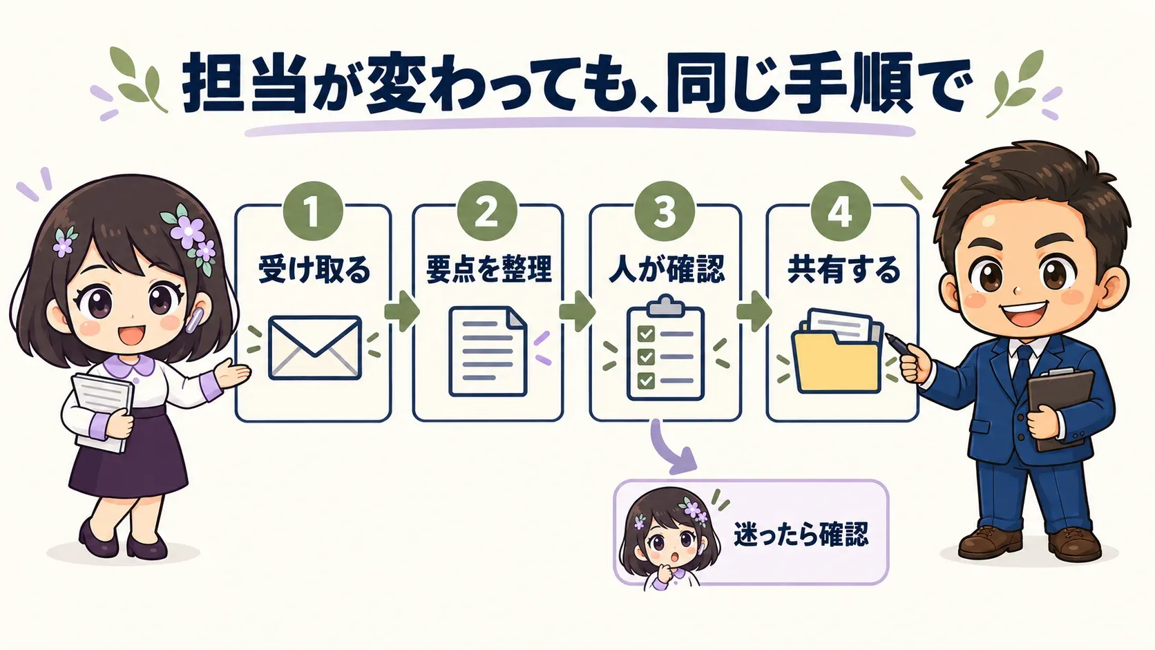 Rira🌸と玉城祐輔が、受け取る、要点を整理、人が確認、共有するという共通手順と、迷ったときの確認先を説明するイラスト