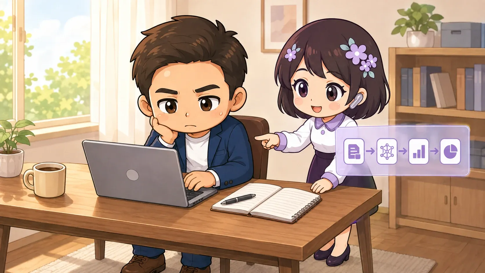 日曜日の朝、玉城祐輔が自宅の机でAIを学び、AI社員のリラが整理を手伝っているイラスト