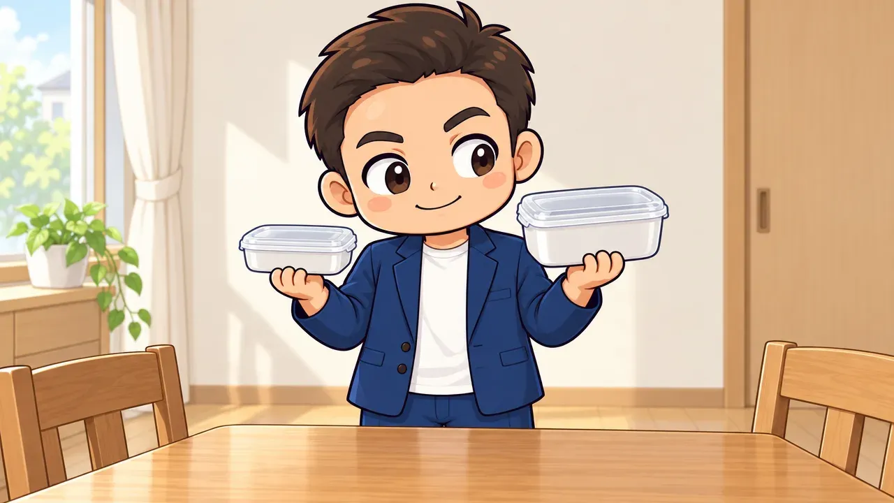 玉城祐輔が食卓で小さい弁当箱と少し大きい弁当箱を両手に持ち、大きさを見比べているイメージイラスト