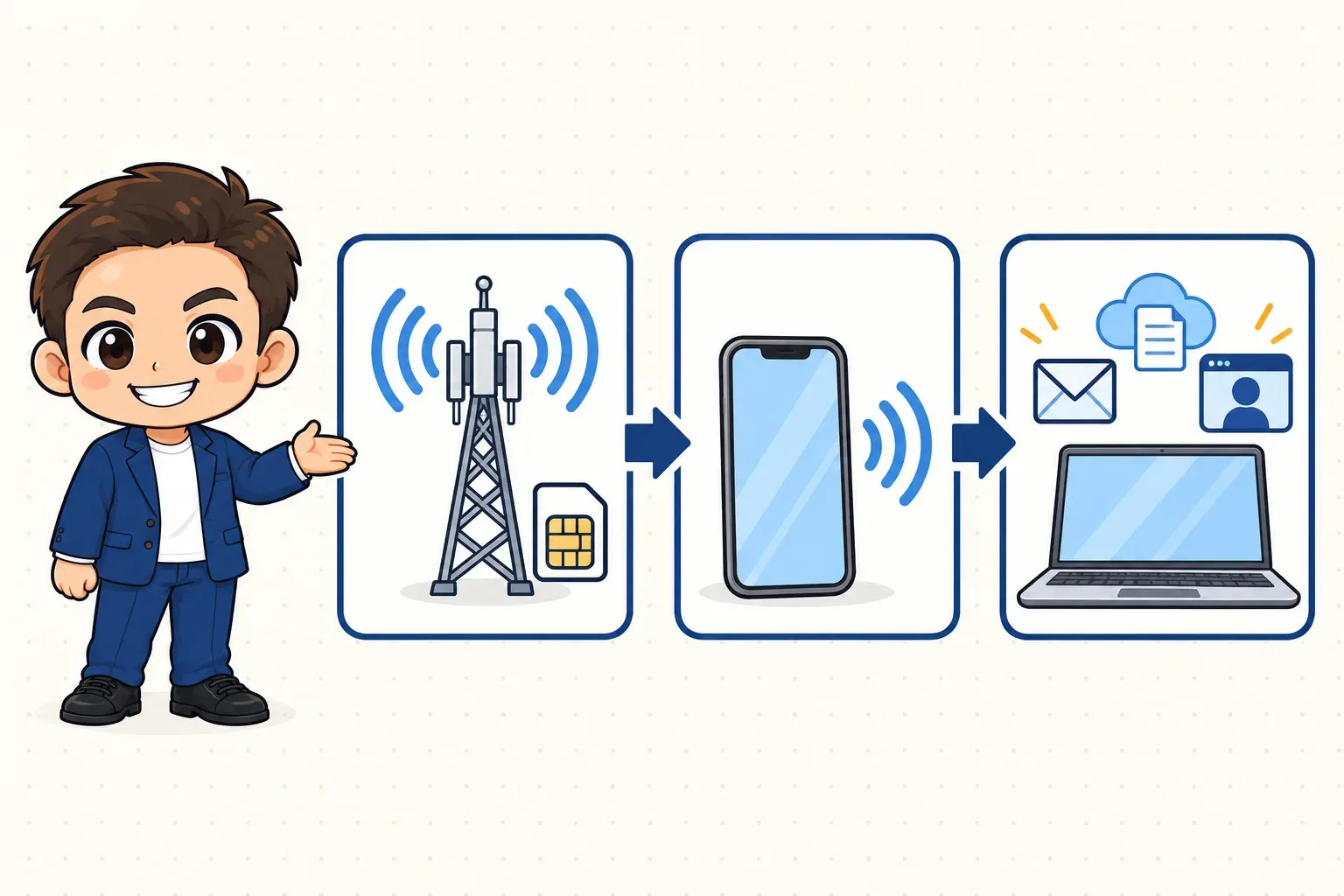 玉城祐輔が、ドコモの電波塔とSIM、テザリングするスマホ、メールやクラウドや会議を使うパソコンの3つのカードを指し示す説明イラスト