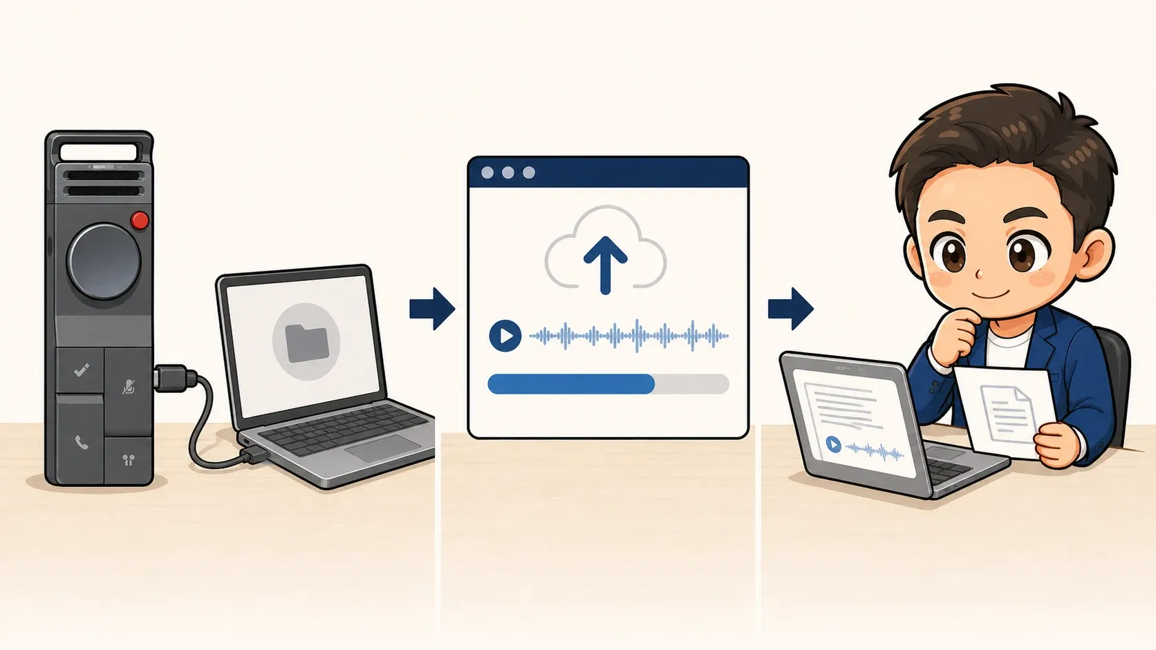 玉城祐輔のキャラクターが、HiDock P1をUSB-Cでつなぎ、録音をアップロードしてからAIの下書きを確認する流れ