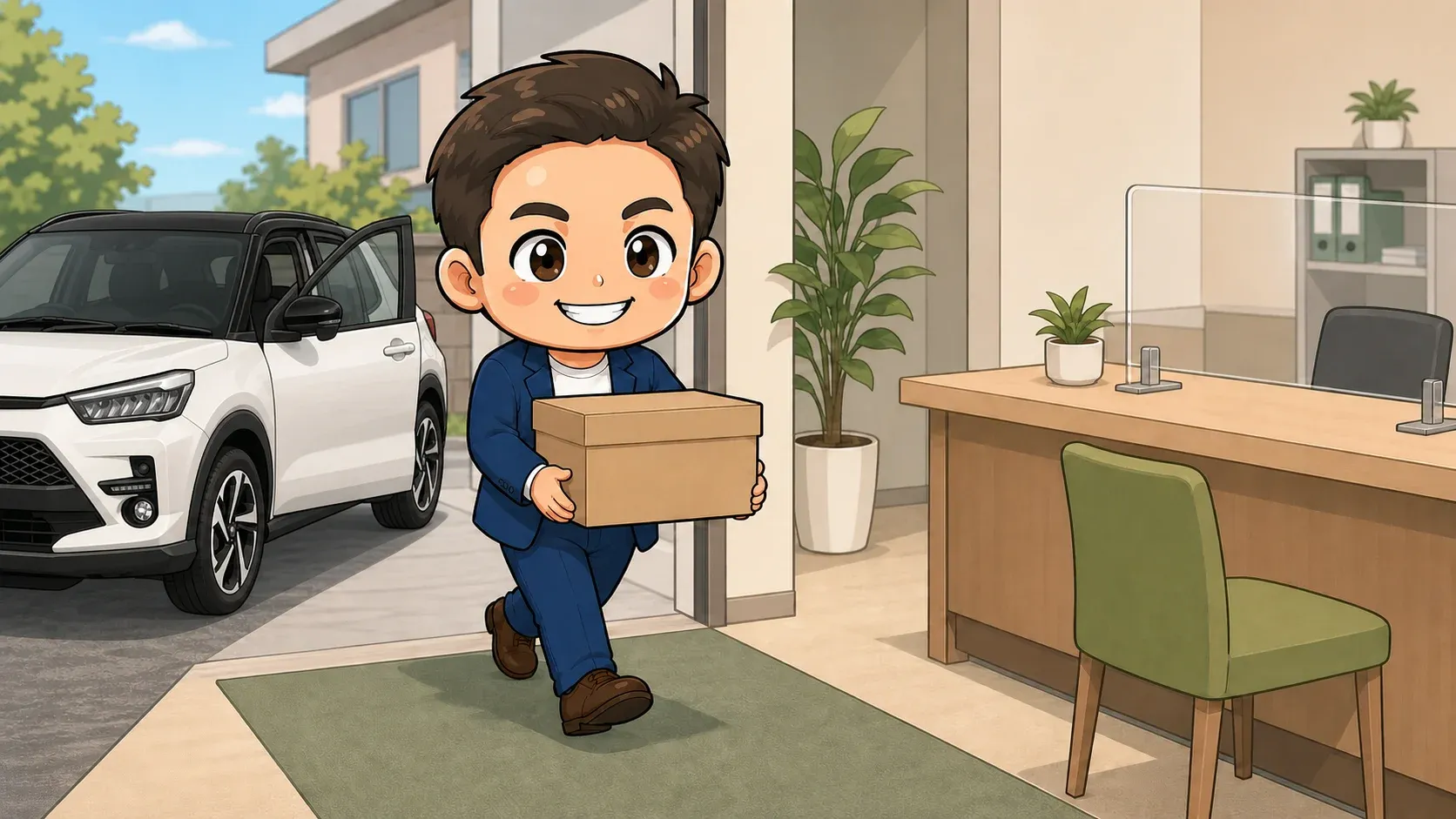 玉城祐輔が資料の箱を持って車から降り、相談窓口へ向かうイメージイラスト