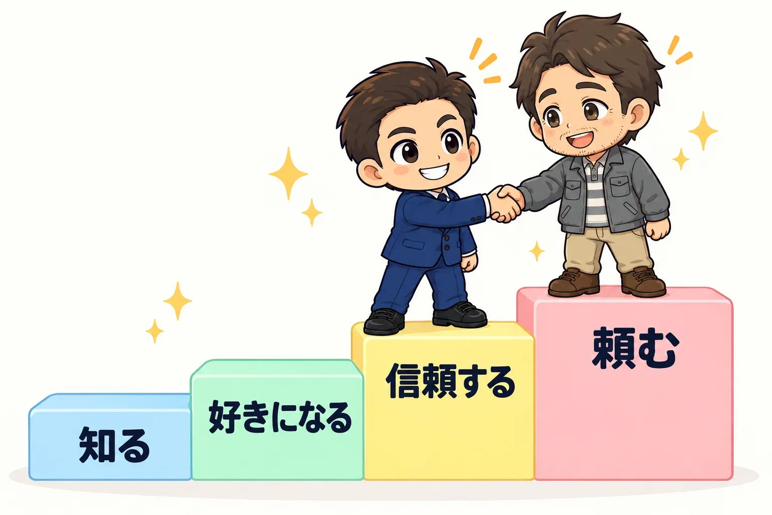 知る、好きになる、信頼する、頼むの4段の階段で、玉城祐輔と事業者さんが握手しているイラスト