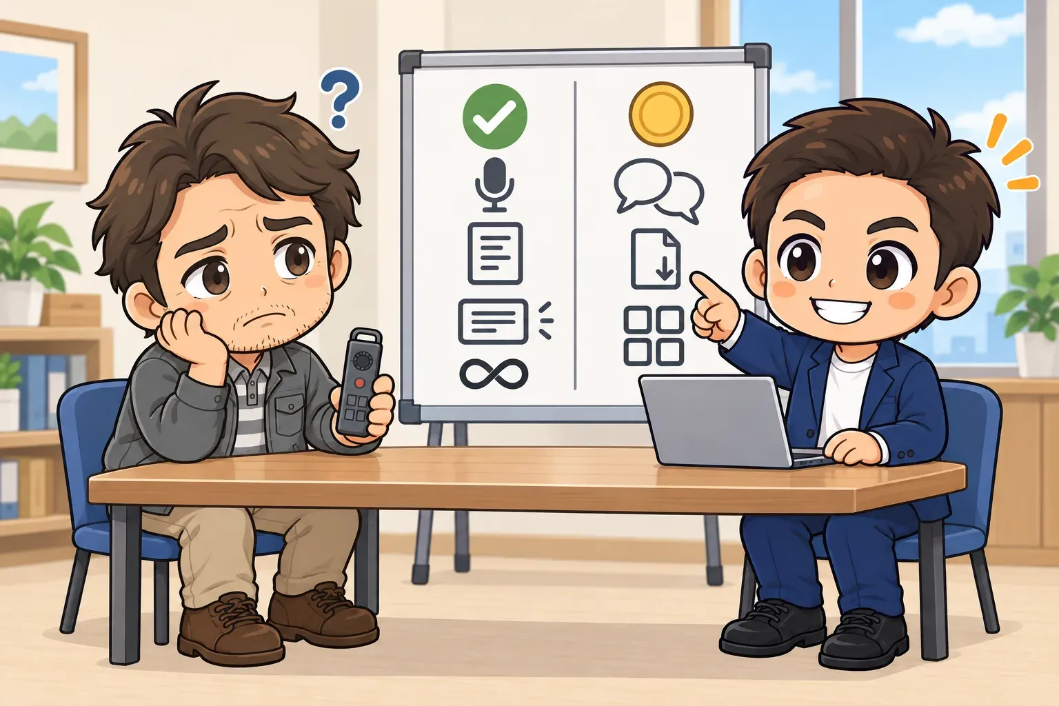 悩める社長が疑問を浮かべ、玉城祐輔がホワイトボードで無料の範囲と有料の範囲を分けて説明しているイラスト