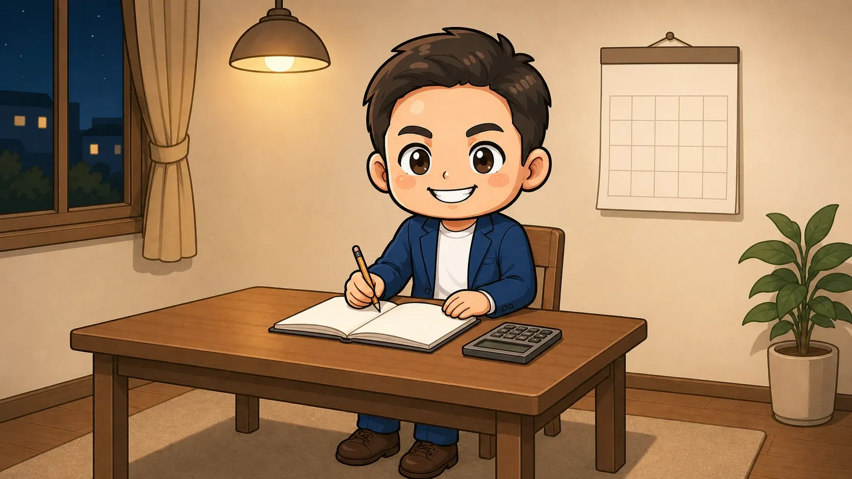 玉城祐輔がノートとカレンダーを広げ、1年分の塾費用を書き出して確認しているイメージイラスト