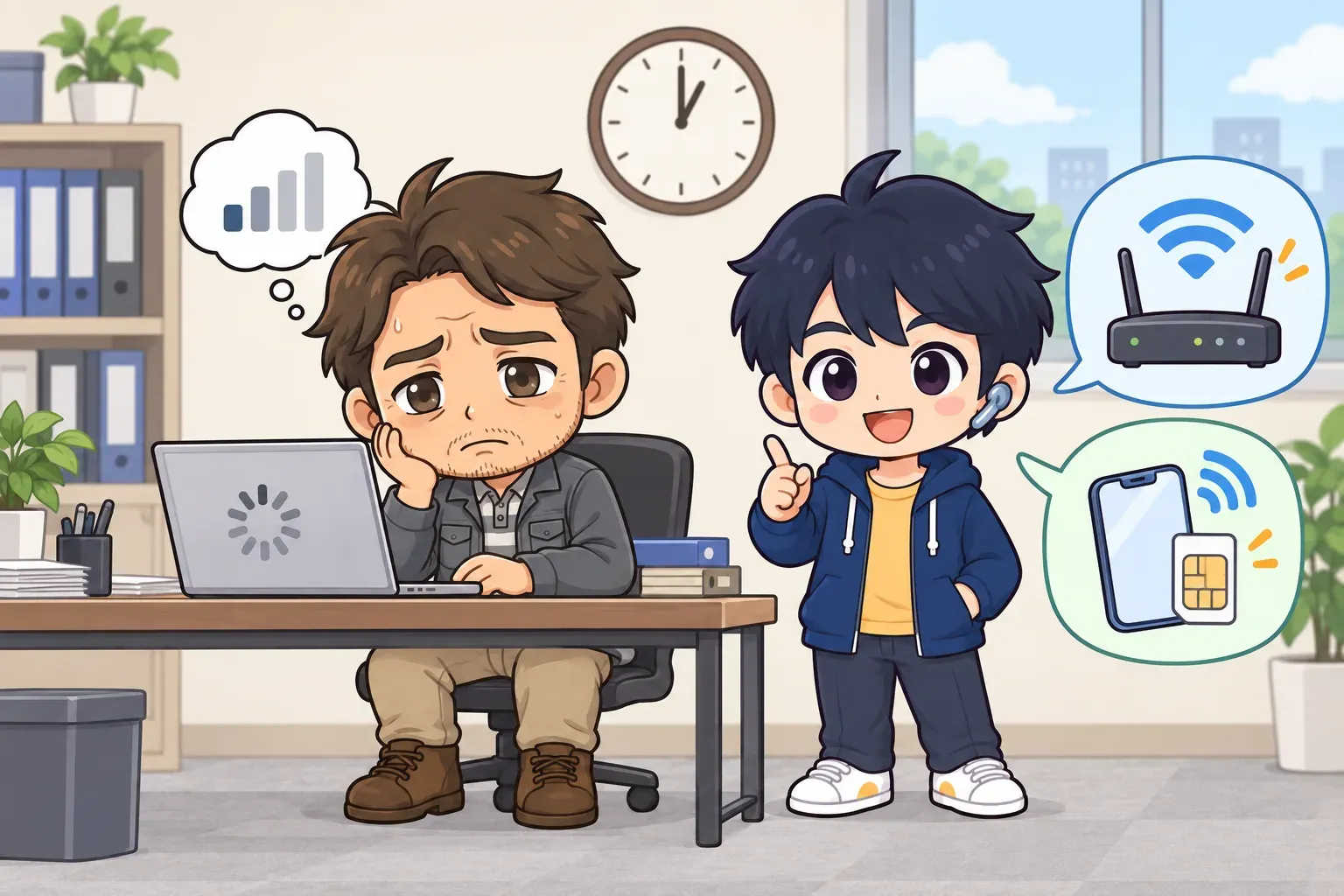 平日の昼にパソコンの読み込みが遅くて困る悩める社長へ、RikuがWi-Fiルーターと別回線のスマホという二つの戻り先を案内しているイラスト