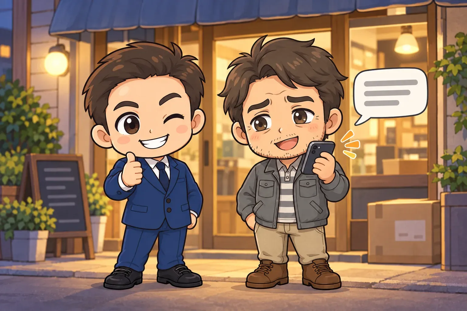 悩める社長が夕方の店先でスマートフォンを口元に近づけてメッセージを話し、画面の吹き出しに整った文章が並んでいる。横で玉城祐輔が親指を立てて応援しているイラスト