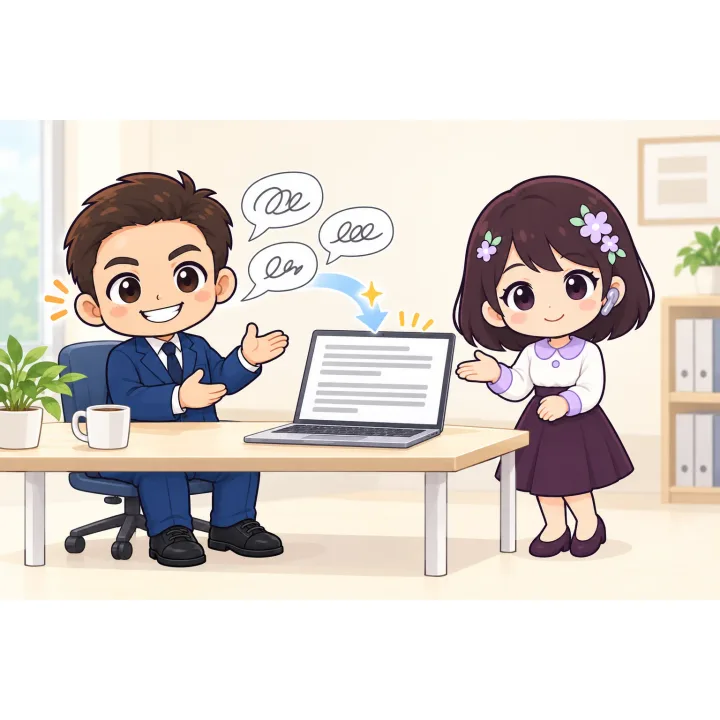 玉城祐輔とAI秘書のRiraが、話した言葉が整った文章になるノートパソコンの画面を示しているイラスト